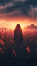Silhouette in field facing low sun under dense cloud cover.