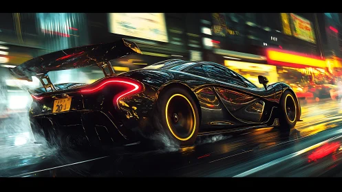 Black hypercar slices through neon city rain at night