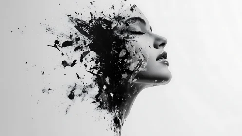 Monochrome female portrait dissolving into ink splashes.