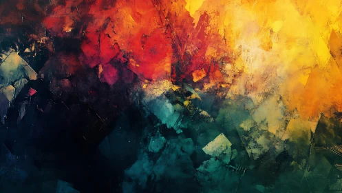Vivid Abstract Painting with Bold Geometric Shapes and Warm Hues.