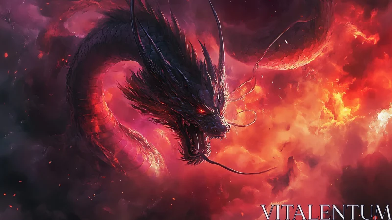 Fiery serpentine dragon coils through burning storm clouds.