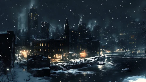 Snowy industrial city glows with warm riverside lights at night.
