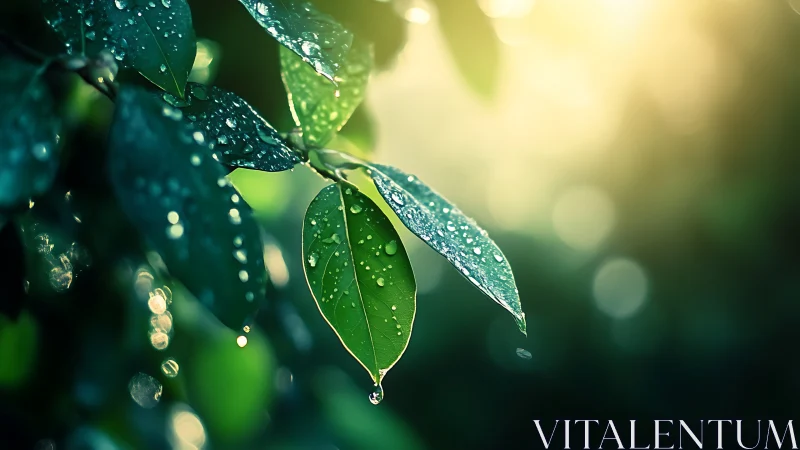 Dew-covered green leaves under soft sunrise bokeh light.