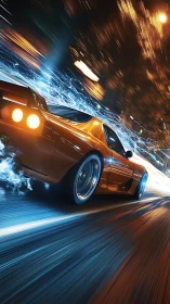 Orange sports car racing through neon lit city street.