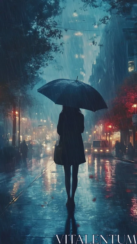 Umbrella ghost drifting through neon rainlit evening avenues.