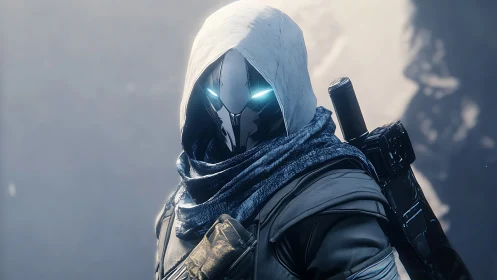 Hooded cybernetic ranger with glowing visor in icy light.