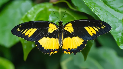 Velvet wings carve golden lightning over jungle green