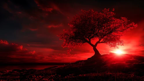 Fiery red sunset gently crowns a solitary hillside tree