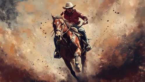 Cowboy on galloping horse in dynamic dust storm scene.