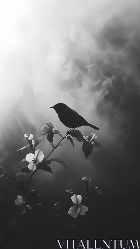 Silhouetted songbird perches among whispered blooms.