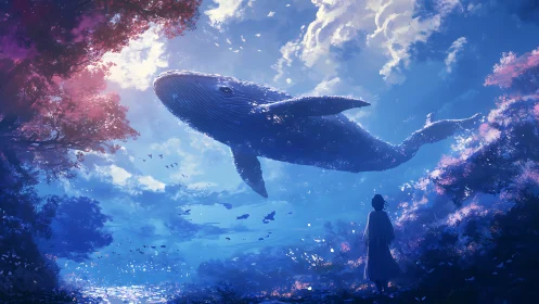 Celestial whale drifting above dreamlit forest shallows.