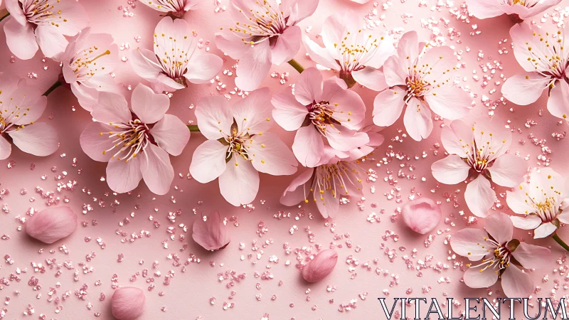 Pink Blossoms with Golden Stamens and Scattered Petals.
