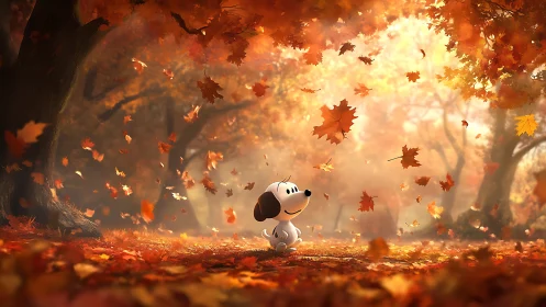 Cartoon canine in volumetric autumn forest light field.