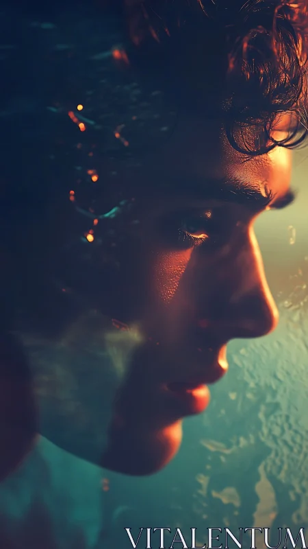 Underwater male portrait in warm teal cinematic light.