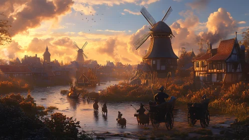 Dutch canal village glows under golden sunset sky.