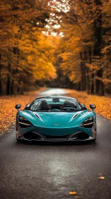 Teal supercar on wet forest road under golden autumn canopy.