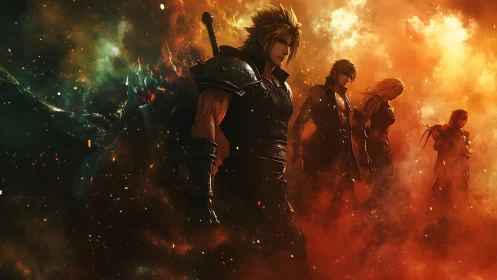 Armored warriors walking through dense fiery nebula clouds.