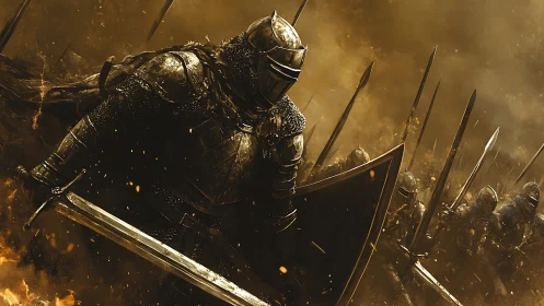Armored knight leads a spear wall through burning battle haze