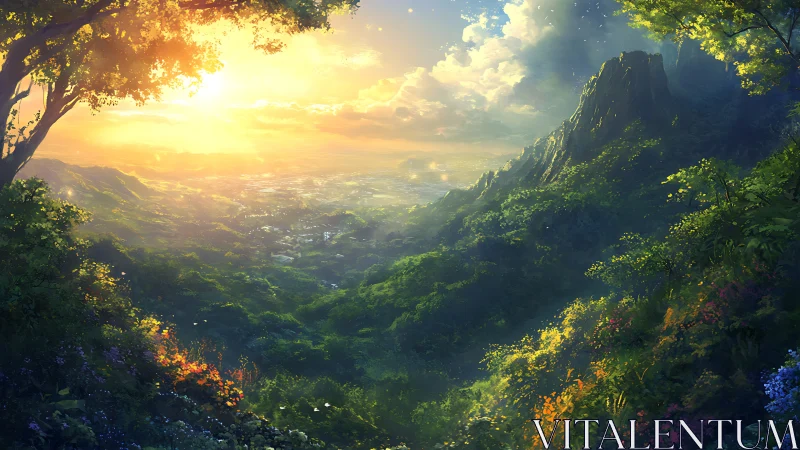 Digital painting of sunlit mountain valley with lush forest canopy.