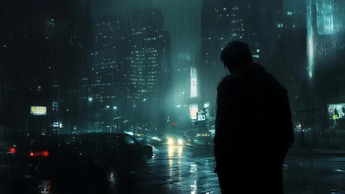 Solitary figure in rainlit cyberpunk intersection observes traffic