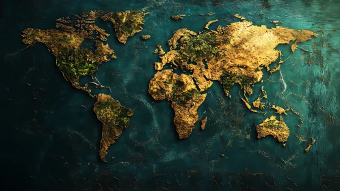 Textured golden world map on teal abstract surface.