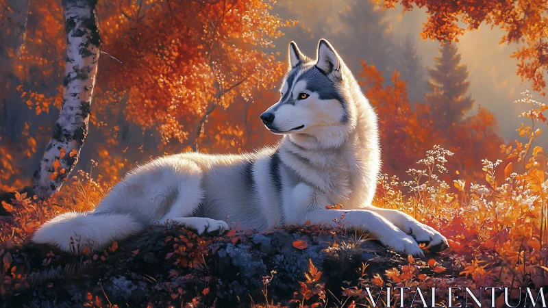 Gentle husky rests calmly in a sunlit autumn forest glade