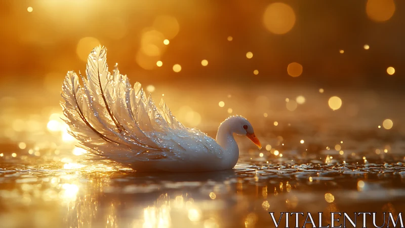 Swan with crystal plumage in golden backlit water glow.
