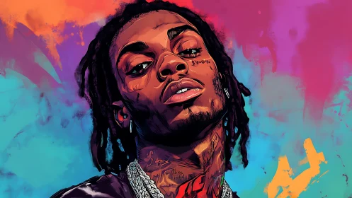 Stylized rapper portrait uses bold vector shading and neon gradients
