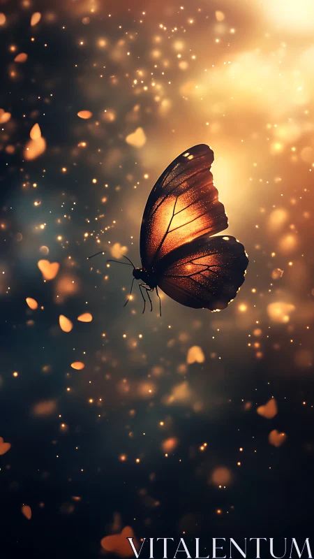 Backlit butterfly in warm bokeh field with glowing particles