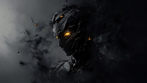 Shadowforged android emerges with molten golden gaze