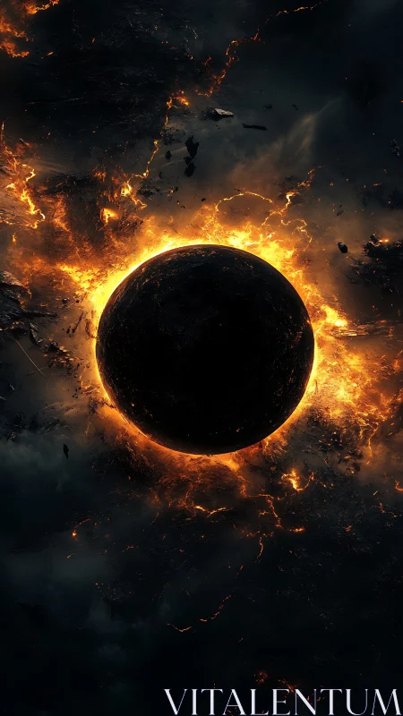 Dark planet encircled by fiery cosmic explosion glow.