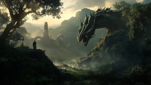 Lone figure confronting colossal dragon in misty valley.