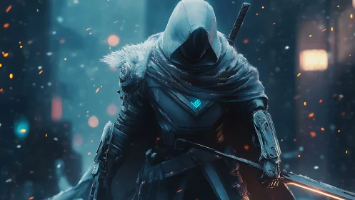 Hooded cybernetic warrior grips glowing sword in snowfall