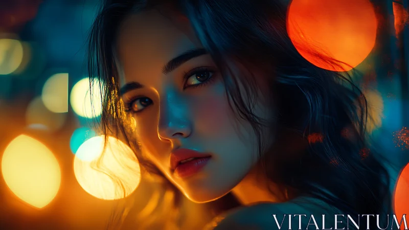 Moody neon portrait captures wistful gaze in glowing bokeh haze