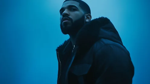 Male subject stands in blue-toned studio lighting environment