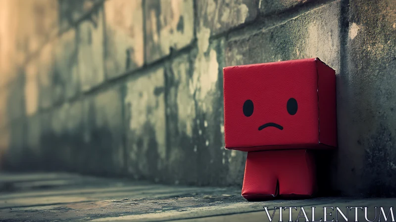 Sad red box character leaning alone against wall.