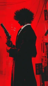 Silhouetted gunman in red urban alley with noir tension.