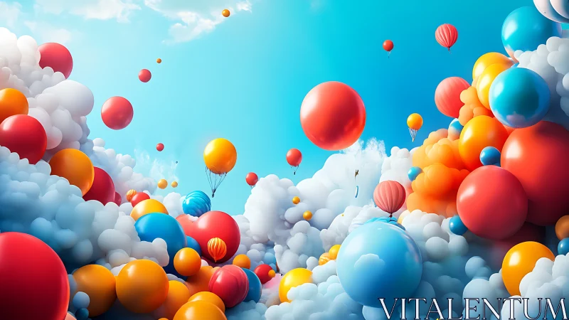 Skybound carnival of clouds and balloons in bright escape.