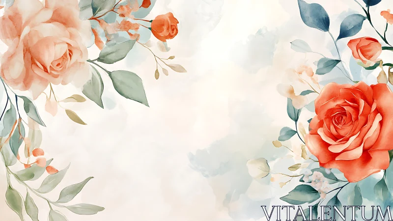 Watercolor floral composition with coral roses and soft foliage.