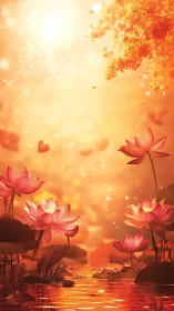 Sunlit lotus pond glowing in dreamy golden mist.