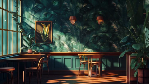 Sunlit jungle-themed caf&eacute; interior glows in warm light.