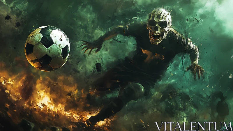Skeletal soccer player charging through fire and smoke.