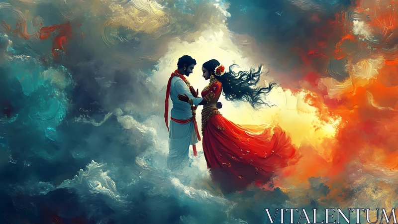 Star-Crossed Devotion: Lovers Embracing Across Celestial Divide.