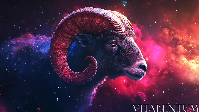 Galactic ram portrait amid neon magenta cosmic clouds.