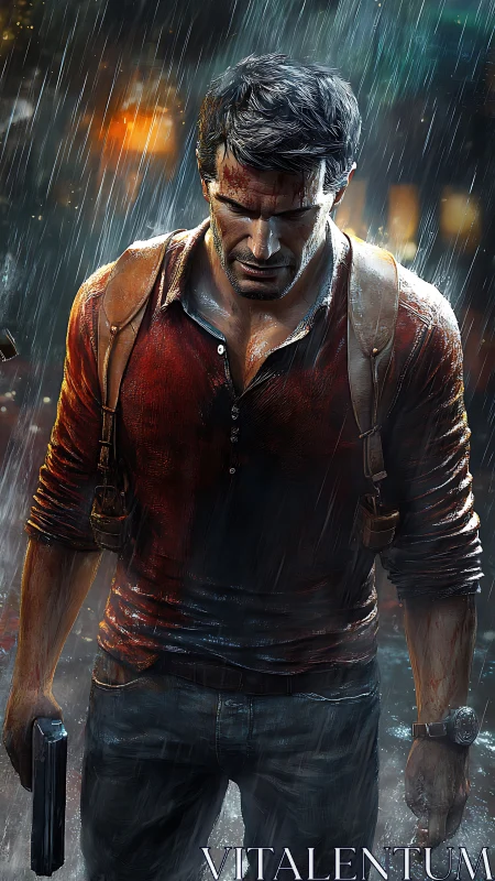 Weathered adventurer standing strong in a stormy night.