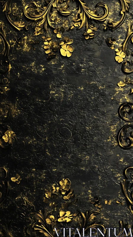 Baroque gold floral frame over dark textured plaster.