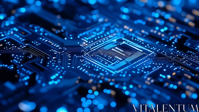 Illuminated microchip die rendered on high density blue PCB traces