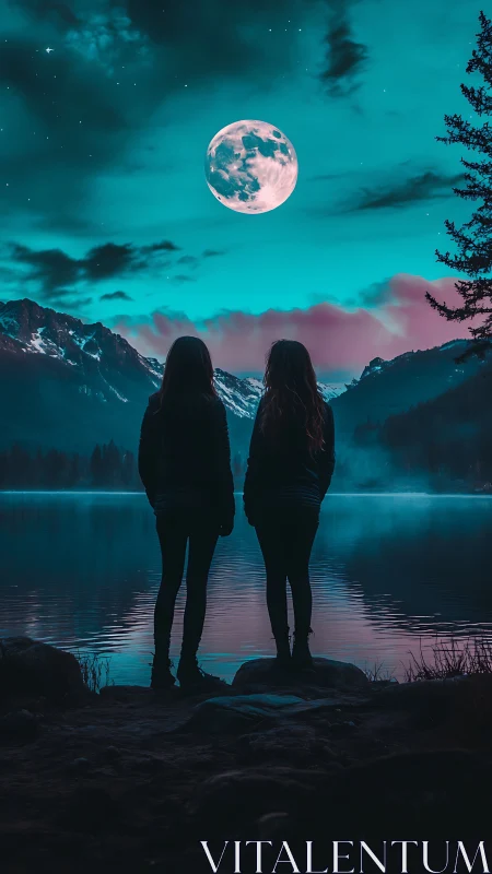 Two silhouetted figures stand by a lake under bright moonlight