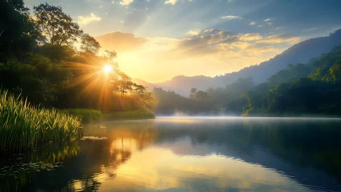 Sunrise mist drifts across a glassy forest lake in gold.