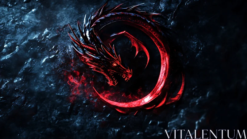 Crimson dragon emblem coiled over dark textured stone.